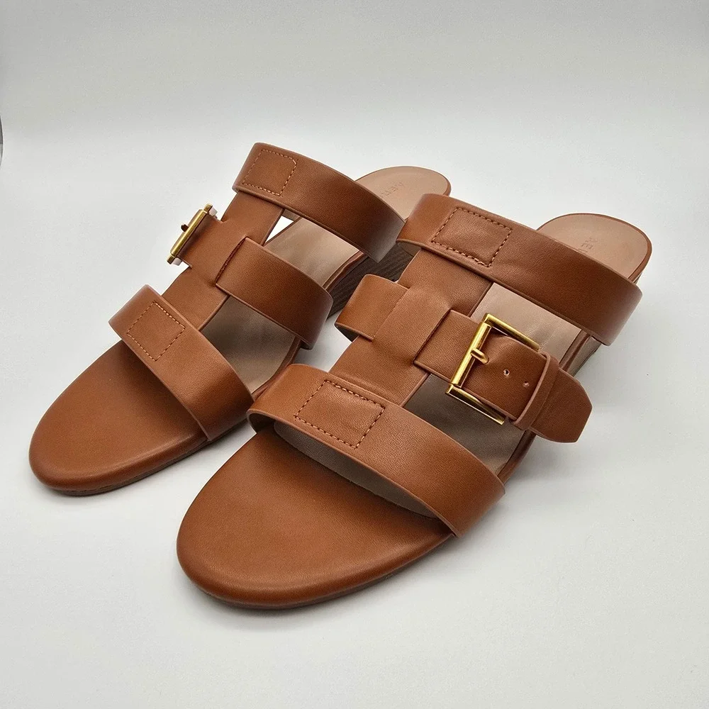 Aerosoles Borri Tan Brown Leather Wedge Slide Sandals Gold Buckle Womens 10